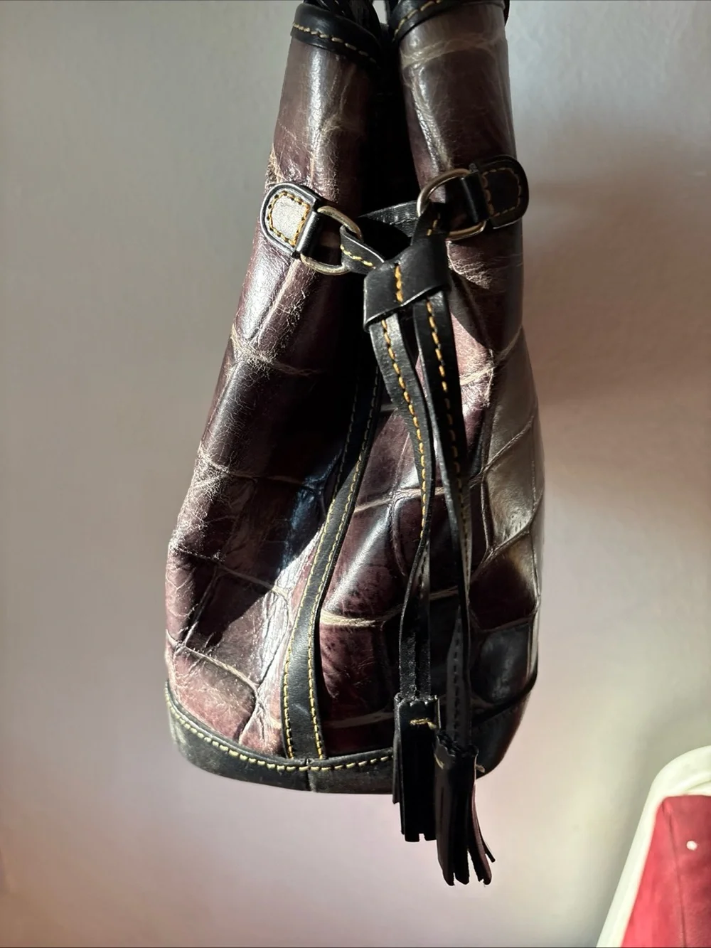 Dooney & Bourke Croc-Embossed Shoulder Tote - Deep Brown with Black Trim